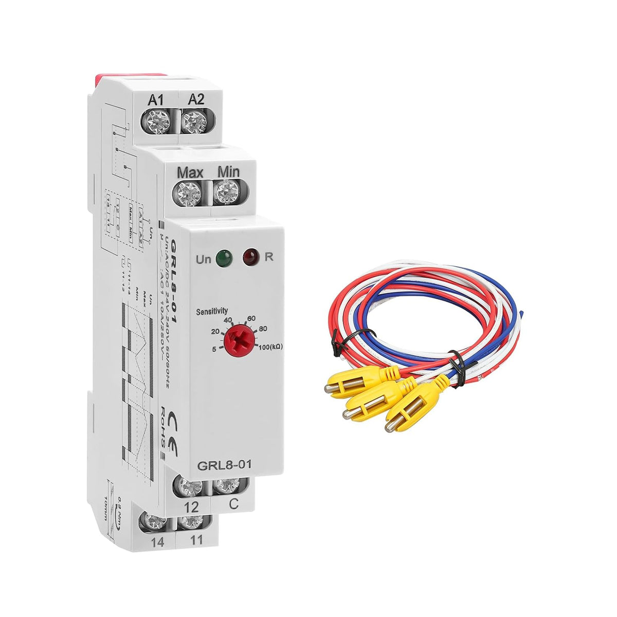 Water Level Sensor Control Relay 10A GRL8-01 AC/DC 24V-240V Liquid Level Control Relay in Din Rail, Automatic Drain and Inlet Electronic Liquid Level Controller with 5ft Detector Sensor PLT-01