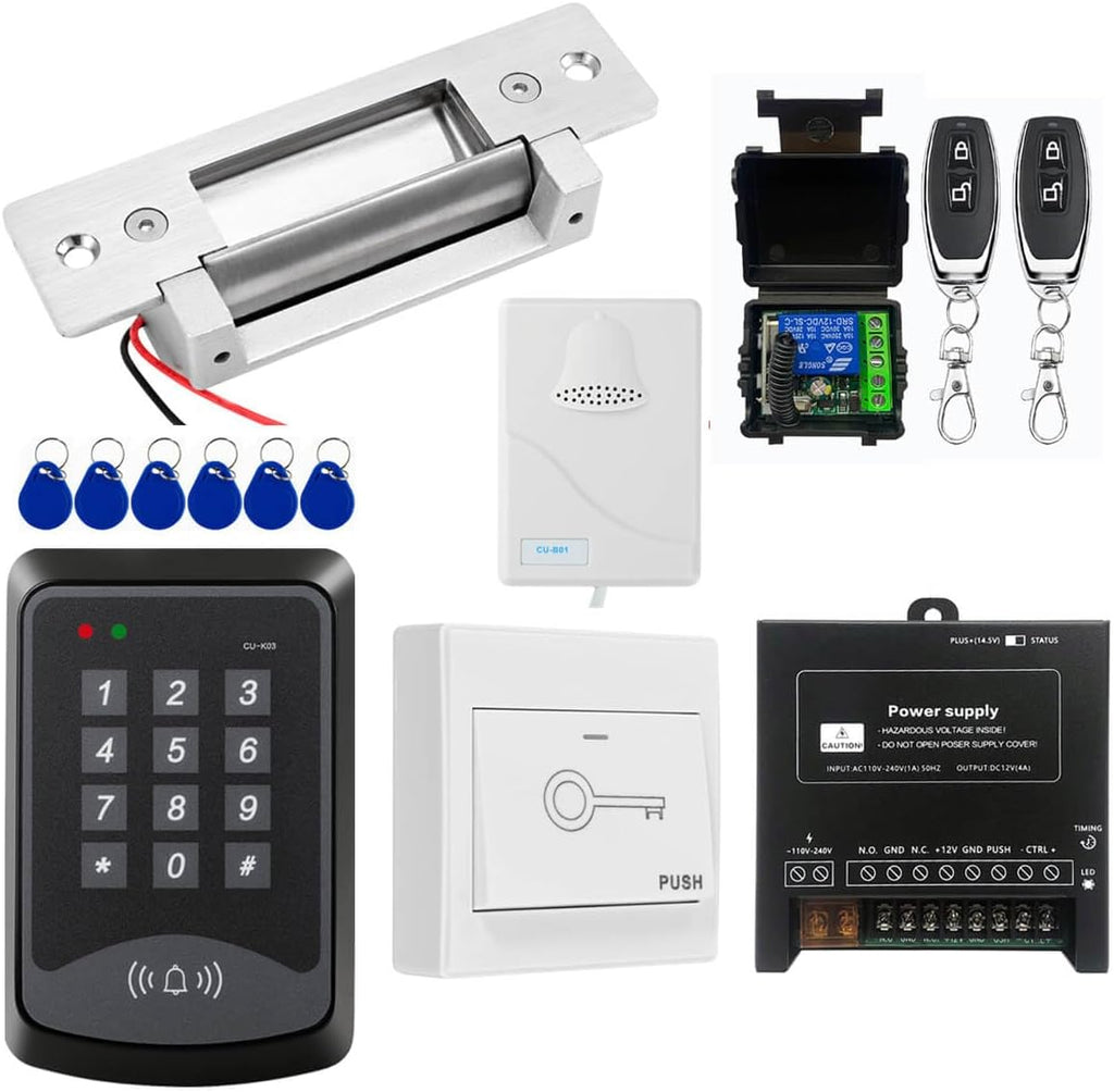 Door Access Control System RFID Keypad Electric Strike Lock Kit with Exit Button Doorbell Chime Remote Control