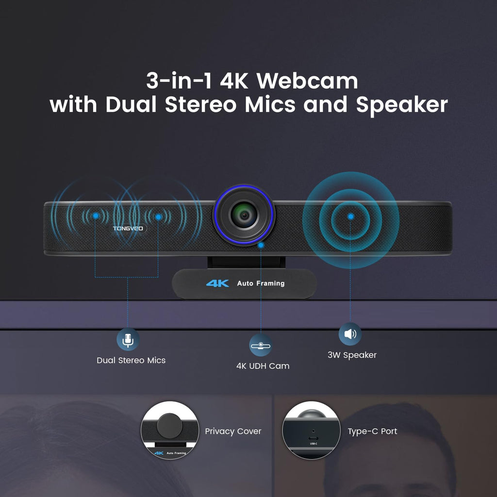 3-in-1 4K Webcam with Microphones and Speaker, AI Auto-Tracking 5X Digital Zoom Webcam 4K Adjustable Field of View
