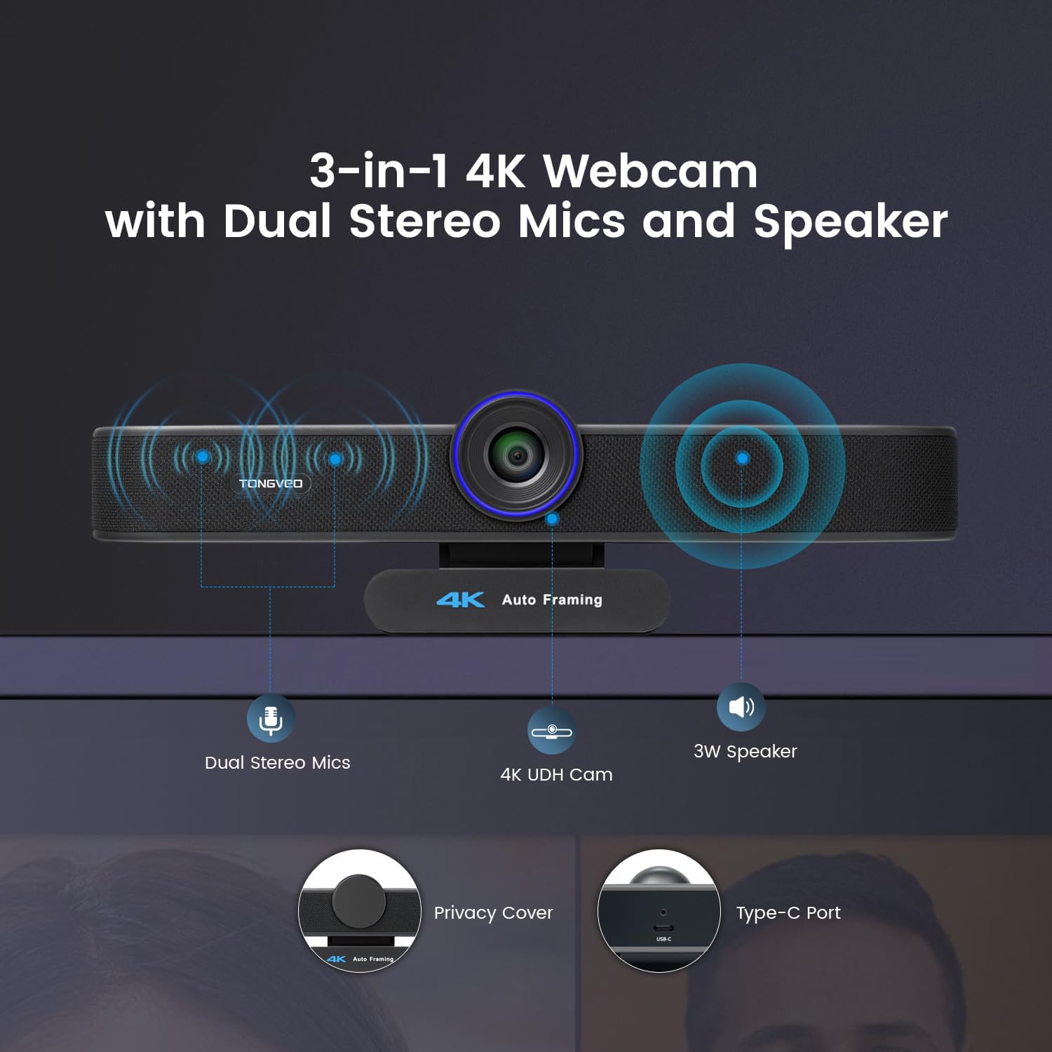 3-in-1 4K Webcam with Microphones and Speaker, AI Auto-Tracking 5X Digital Zoom Webcam 4K Adjustable Field of View