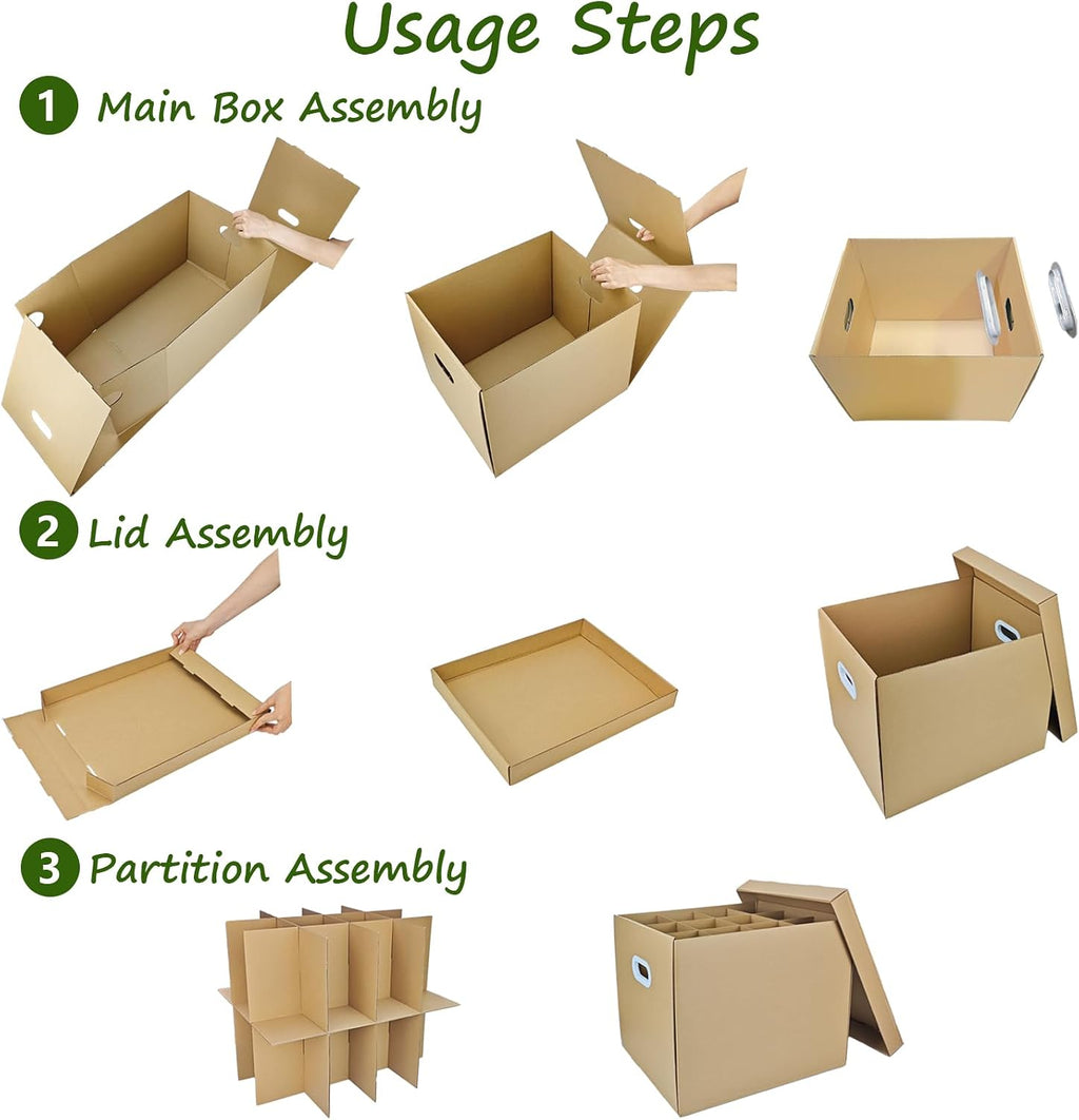 3 Sets Moving Boxes with Two-layer Divider Kits, 16 x 13 x 13 Inch Box with Lid for Glassware Wine Packing Kitchen