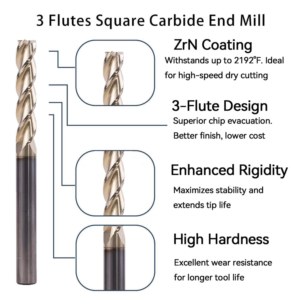 XYunEnZ 1/4" 3-Flute Square End Mill ZrN Coated Carbide, 5Pcs