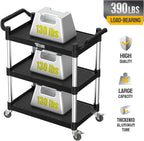 3-Tier Commercial Utility Cart with Wheels, Heavy Duty Rolling Plastic Service Cart, 390 lbs Capacity for