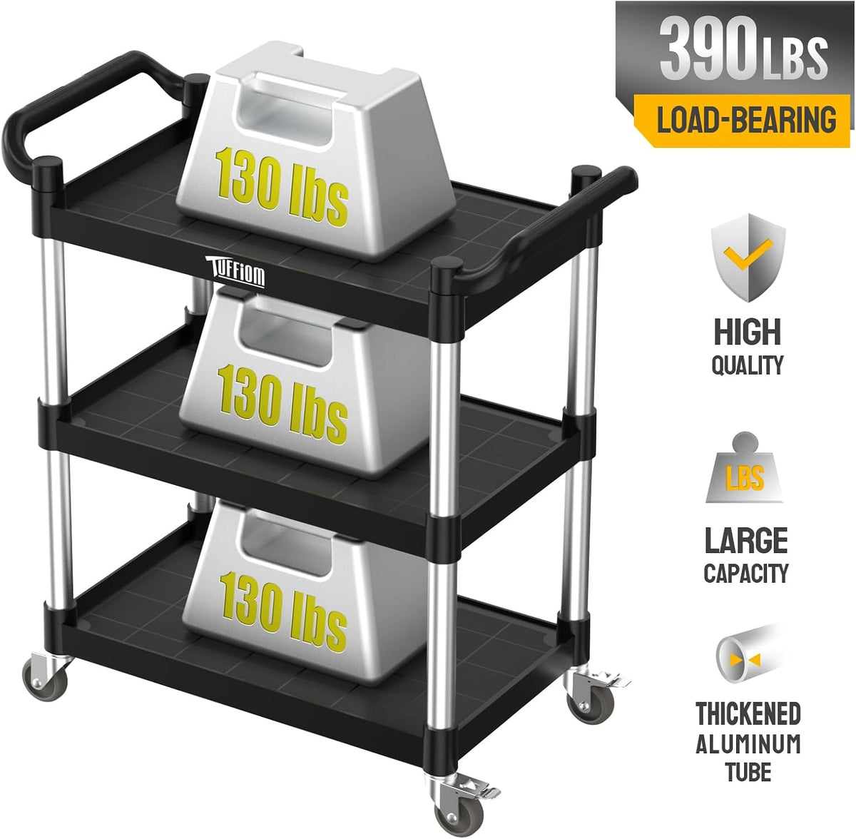 3-Tier Commercial Utility Cart with Wheels, Heavy Duty Rolling Plastic Service Cart, 390 lbs Capacity for