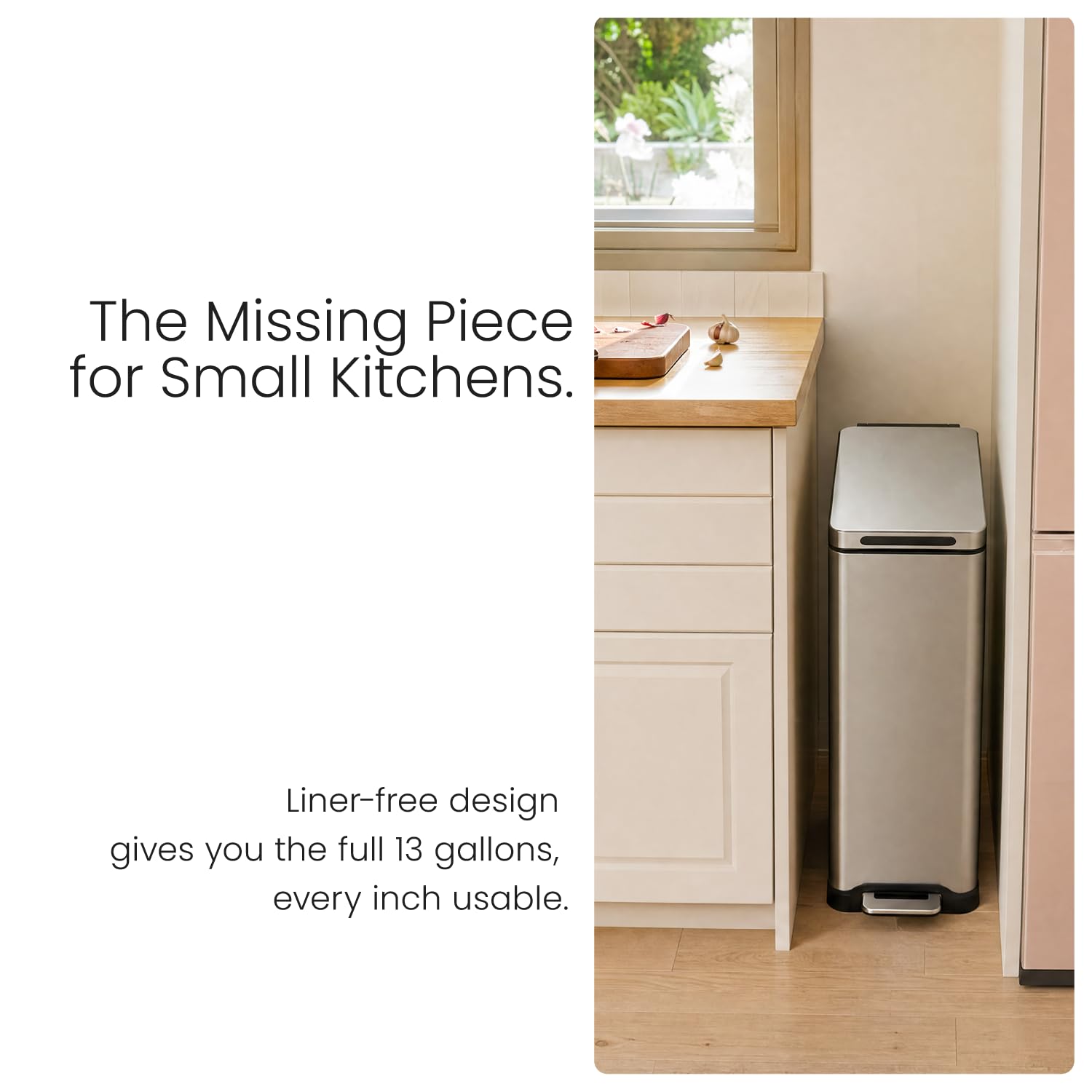 12 Gallon Kitchen Trash Can with Slim Fit Design | Stainless Steel with Soft-Close Step Pedal Lid, Bag Tuck Band for