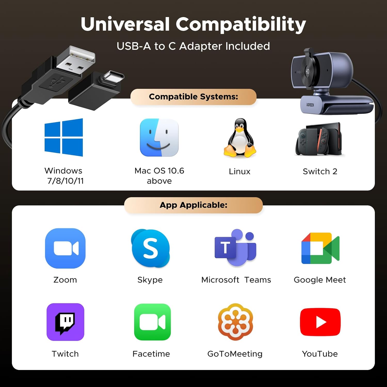 4K Webcam for PC Ultra HD Web Camera with Microphone, Privacy Cover, 70° Fov, PDAF Autofocus, USB A & USB C Adapter