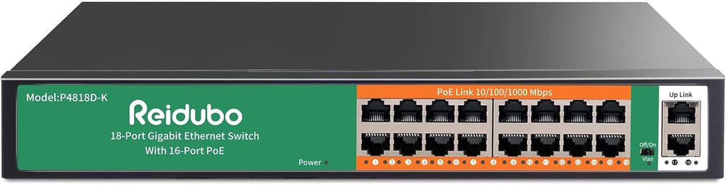 18 Ports Gigabit PoE Switch,16 Port Gigabit PoE+ Network Switch with 2 Uplink Gigabit Ports, 250W, Unmanaged, 19-inch