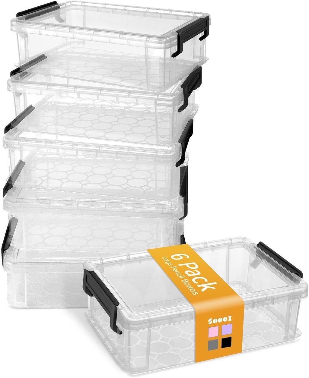 6 Pack Extra Large Pencil Box, Plastic Pencil Case Crayon Box