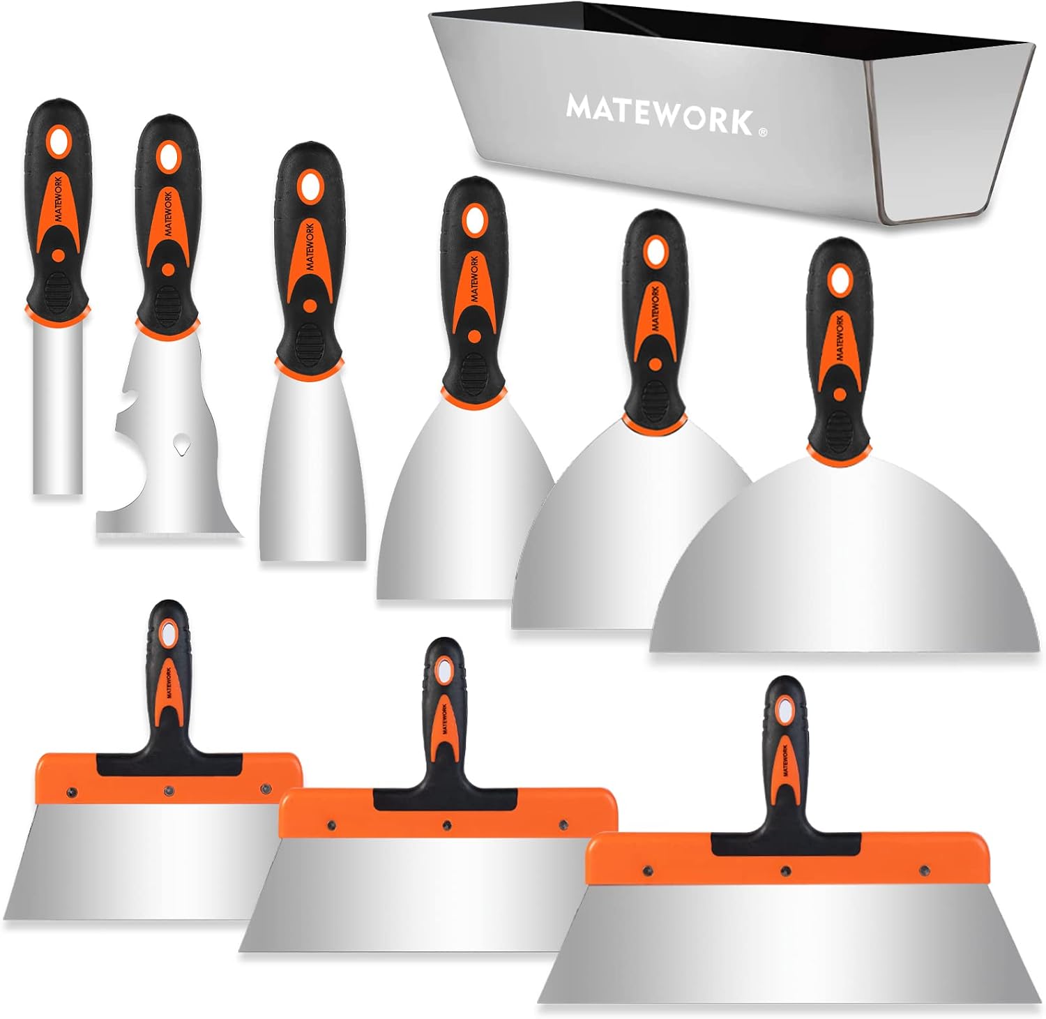 Putty knife,10 Piece Stainless Steel Paint Scraper Tool Set,14" Mud Pan for Repairing Drywall, Removing Wallpaper