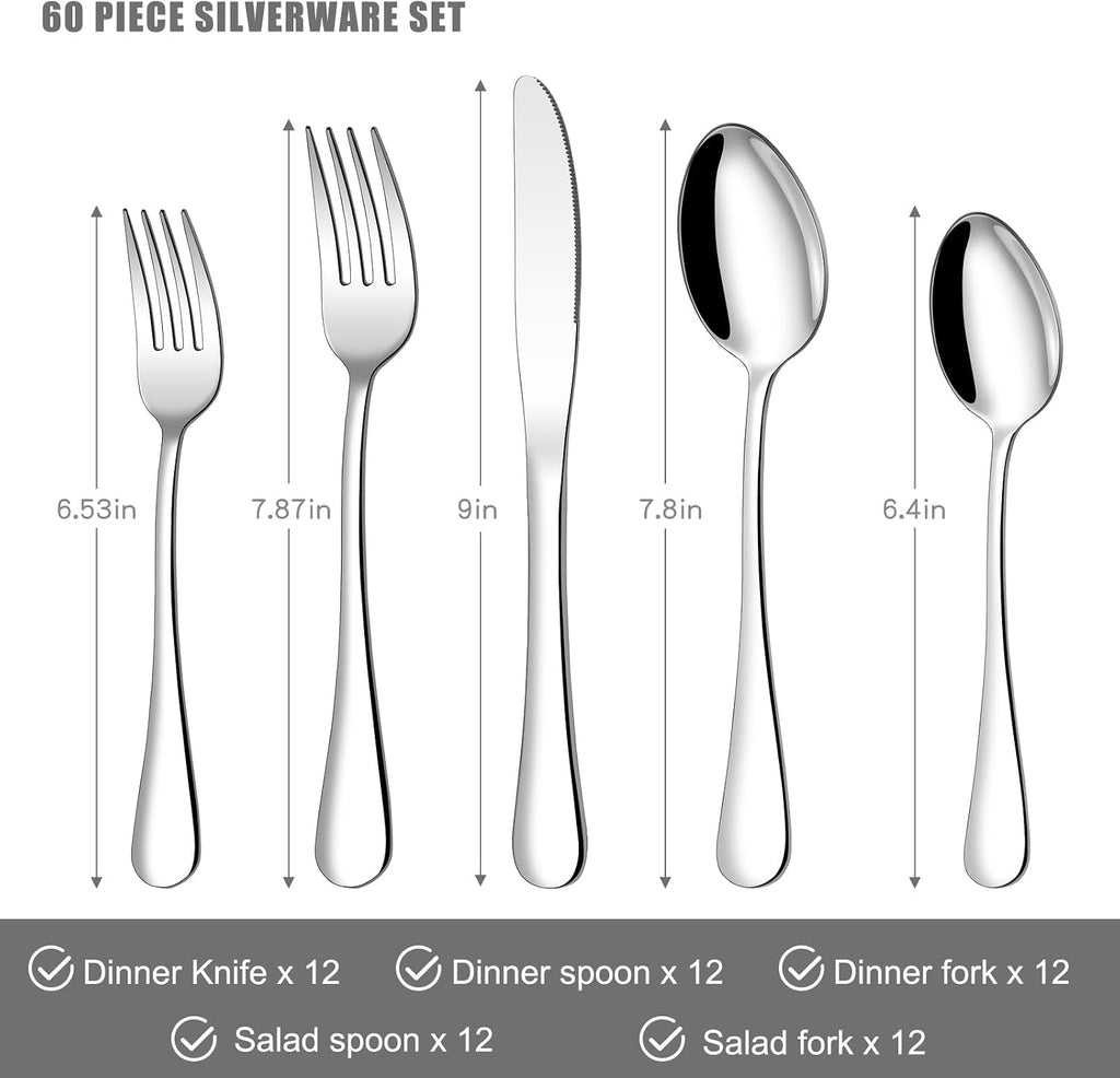 Silverware Set for 12, Stainless Steel 60 Piece Flatware Set