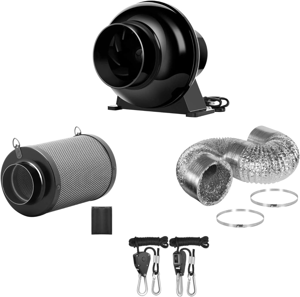 4 Inch 195 CFM Inline fan Circulation Vent Blower, Air Carbon Filter with Hook, 8 Feet Ducting and Rope combo