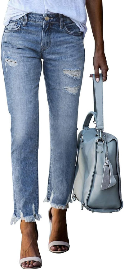 Women's High Waisted Tummy Control Straight Ankle Ripped Jeans