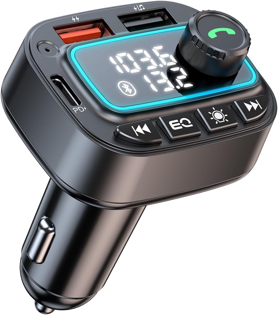 Bluetooth 5.3 Car Adapter FM Transmitter, 42W (PD30W & 12W) USB C Car Charger Wireless Radio Receiver, Hands-Free