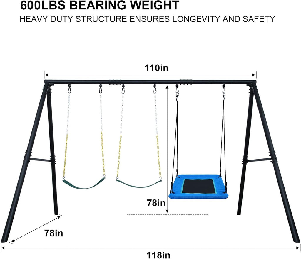 600lbs Heavy Duty Swing Set with 1 Platform Swing, 2 Belt Swings,A Frame Metal Swing Set for Outdoor Backyard (Patented)