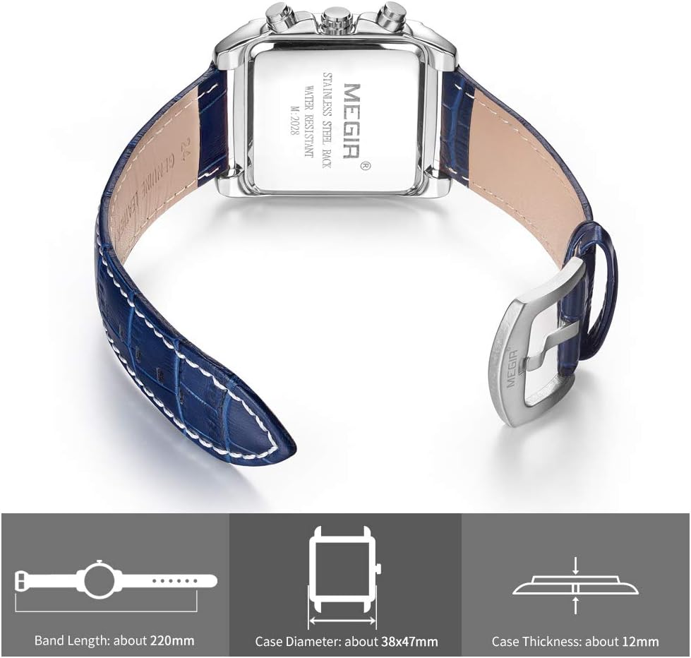 Men's Business Analog Chronograph Luminous Rectangle Quartz Watch with Stylish Leather Strap for Sport & Work