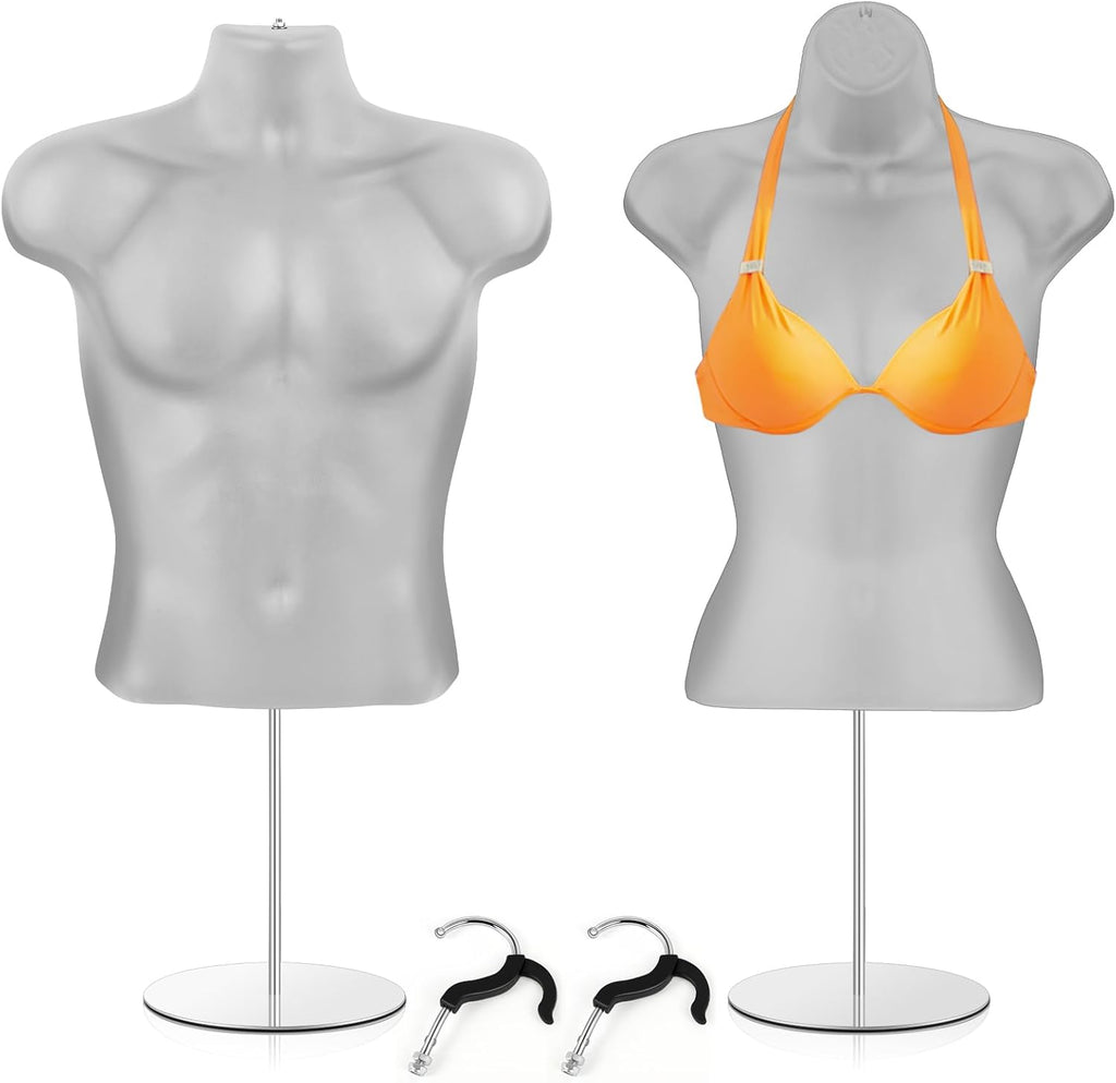 2 Pack Male and Female Mannequin Torso with Metal Stand Hanging Hooks Dress Form Hollow Back Shirt Half Body
