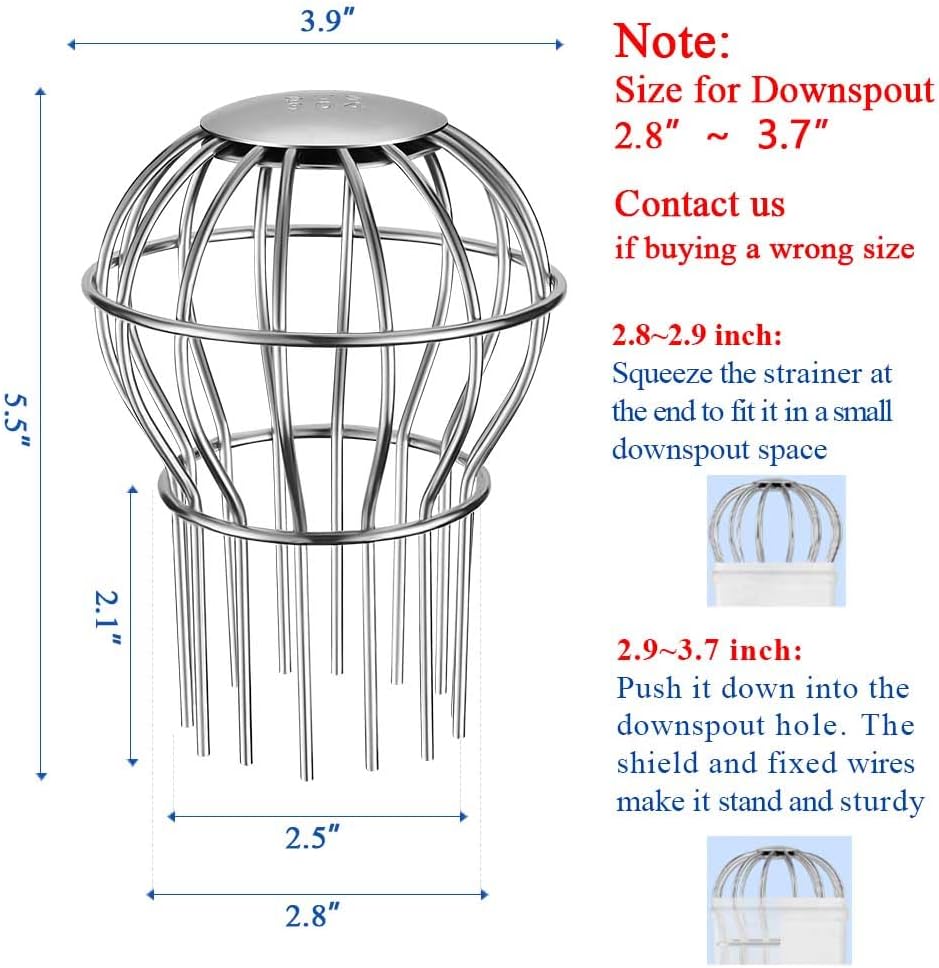 Gutter Guard, Fits for 2.8" ~ 3.7" Round Downspout, 304 Stainless Steel Rigid Filter Strainer, Stops Leaves Seeds and