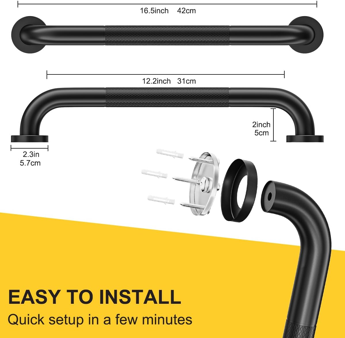 2 Pack Shower Grab Bar, 16 Inch Stainless Steel Bathroom Grab Bar with Anti-Slip Knurled Grip, Shower Handle Bath