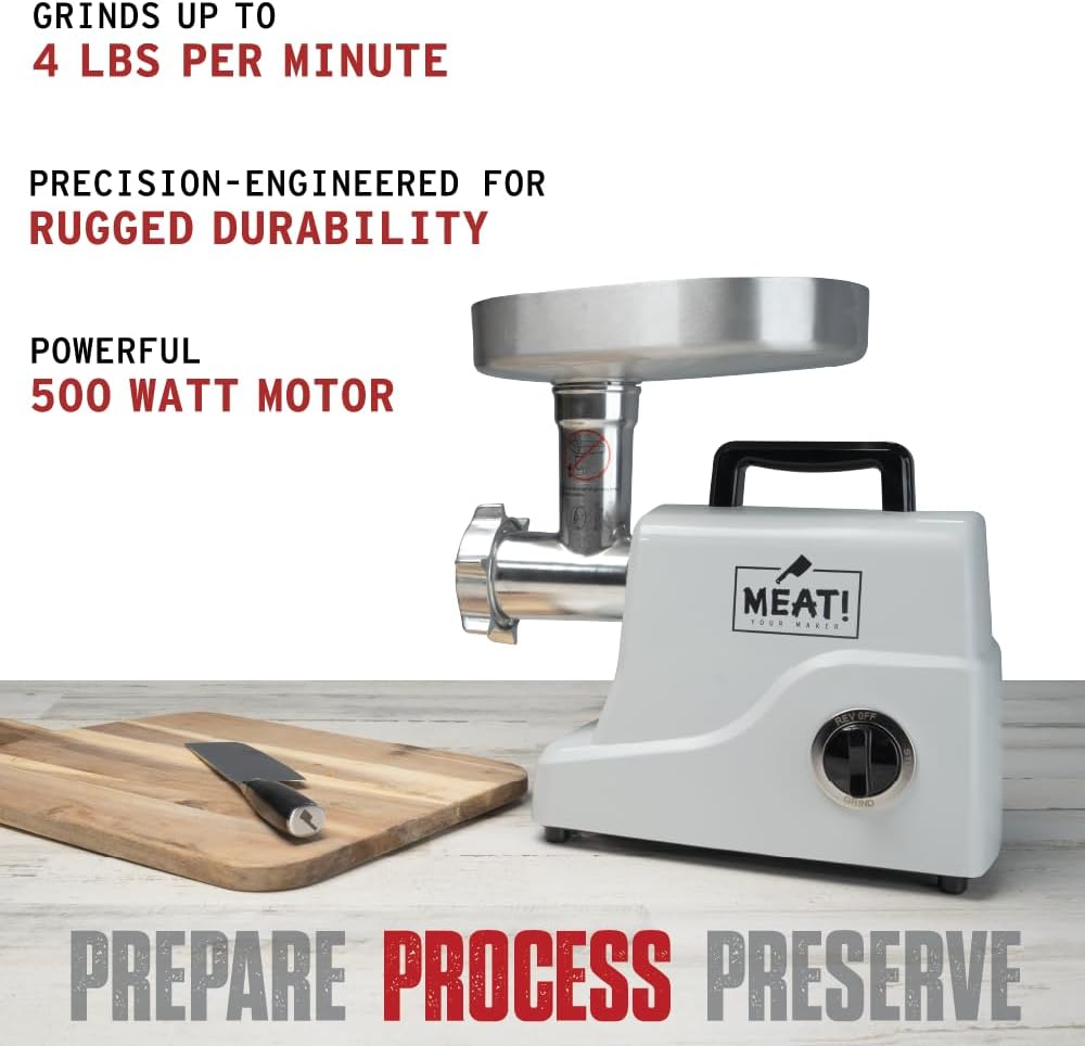 MEAT! 500 Watt Pro-Grade Meat Grinder #12 with Electric Motor, Coarse and Fine Grinding Plates, Stuffing Tubes