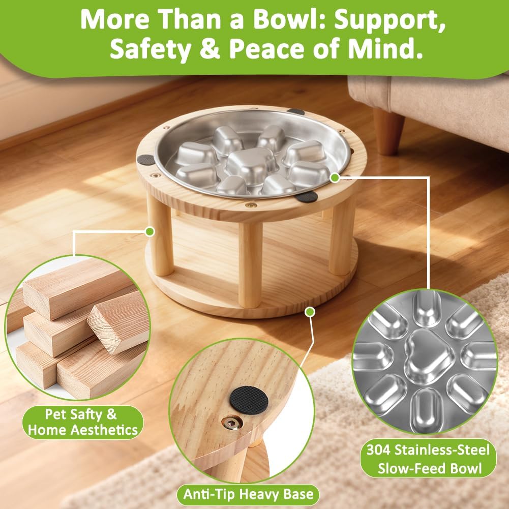 Elevated Dog Bowl, Pine Wood Stand with Stainless Steel Slow Feeder, 5.9" Raised Dog Bowl for Small & Medium Dogs