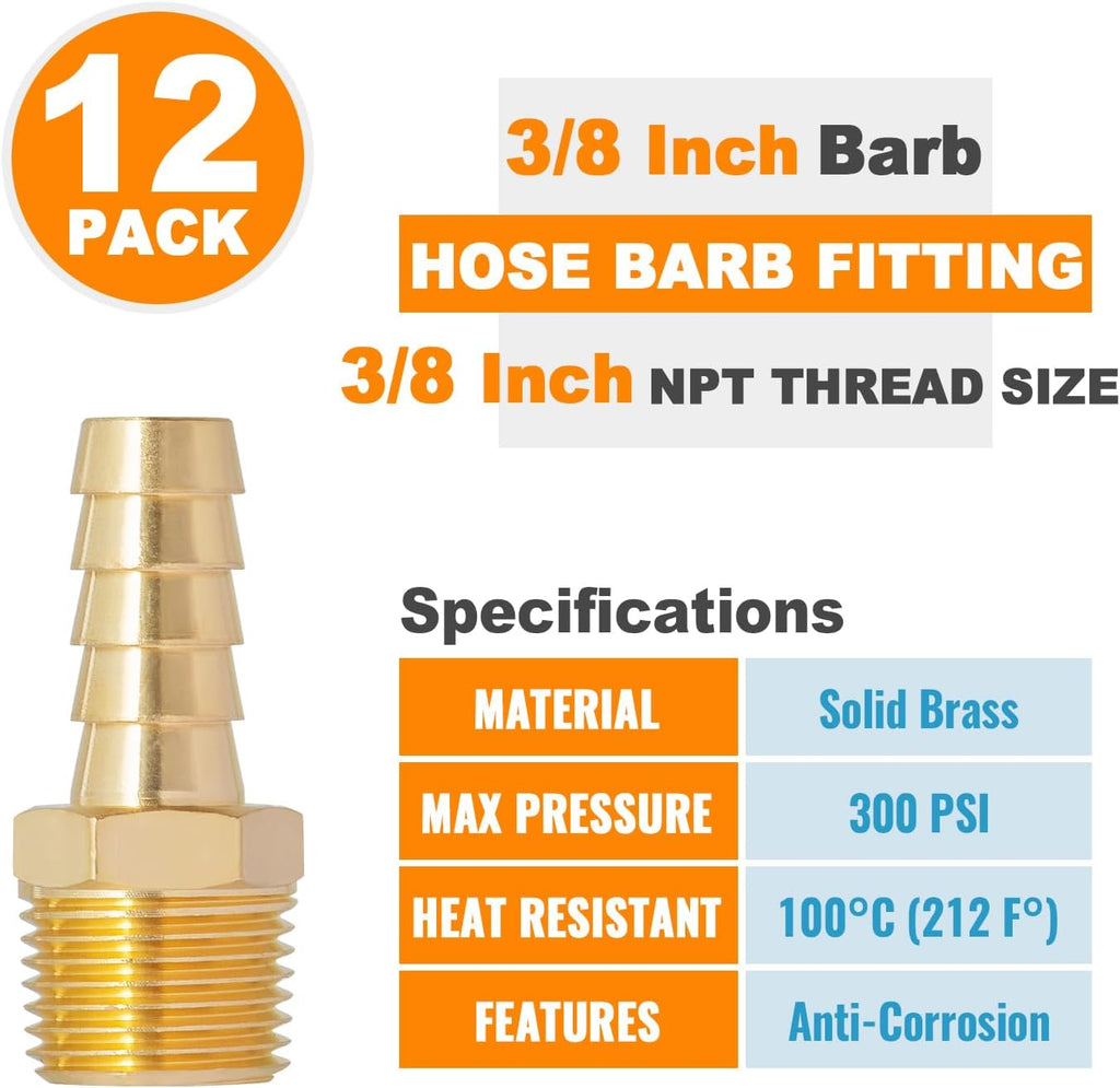SUNGATOR 12-Pack 3/8" Air Hose Fittings, Brass Hose Barb Fitting, Adapter