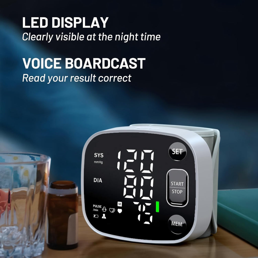 Blood Pressure Monitors for Home Use Rechargeable Wrist Digital BP Machine Cuff with LED Backlit Display, Voice