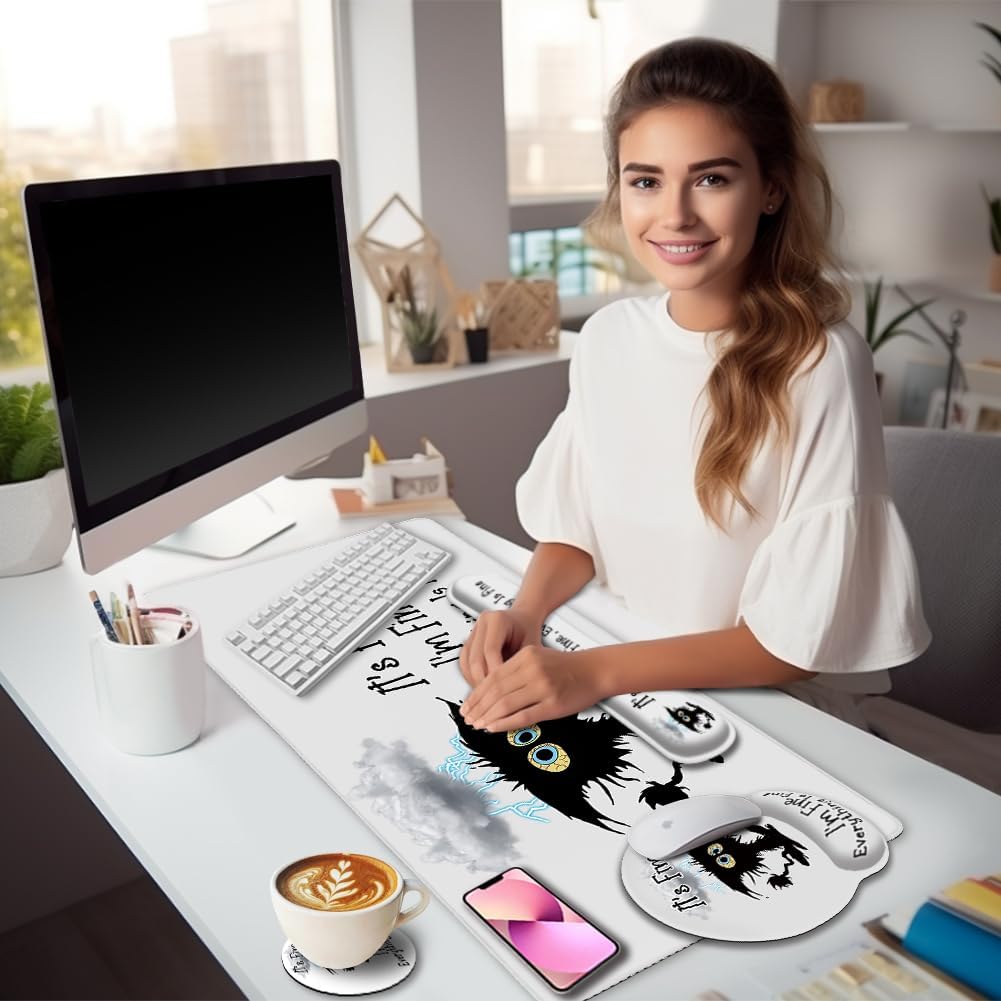 Large Gaming Mouse Pad Desk Mat Set, Funny Black Cat Desk Decor | Ergonomic Gel Wrist Rest, Computer Keyboard Mat