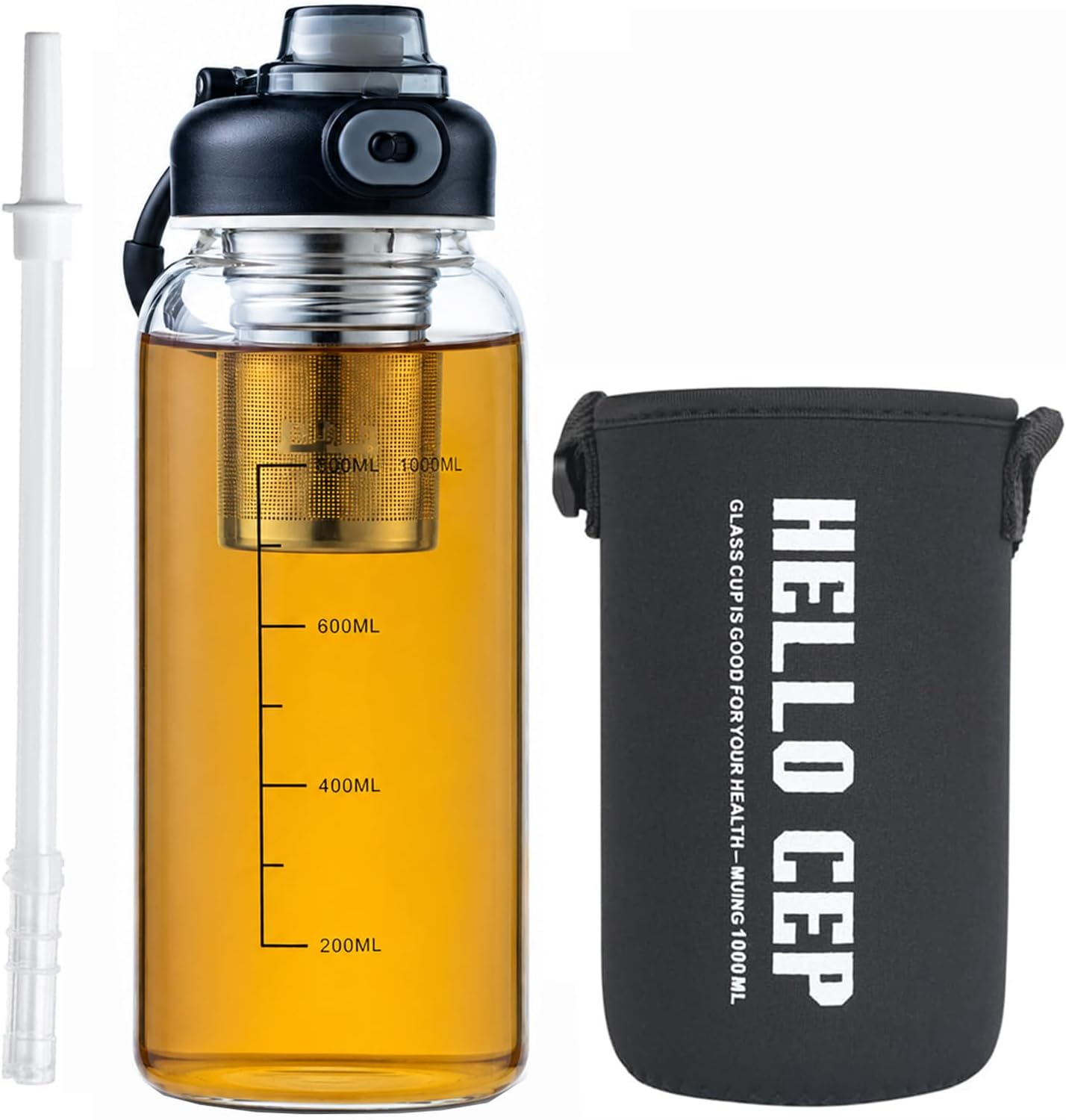 34oz Glass Water Bottle with Straw, Infuser & Protective Sleeve, BPA-Free Large Capacity drinking bottles for Hot or