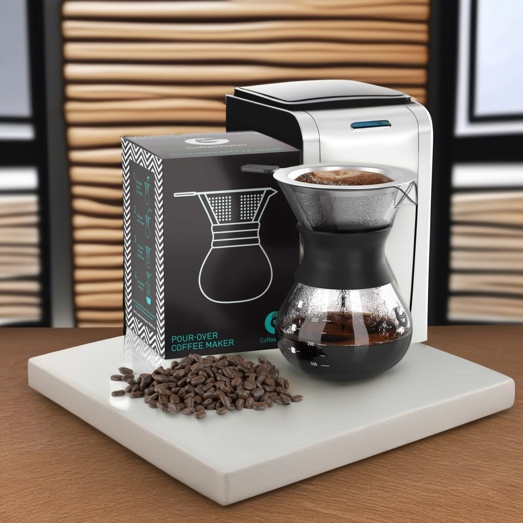 Pour Over Coffee Maker Portable - 10.5oz High Heat Borosilicate Glass w/Reusable Stainless Steel Filter, Drip Coffee