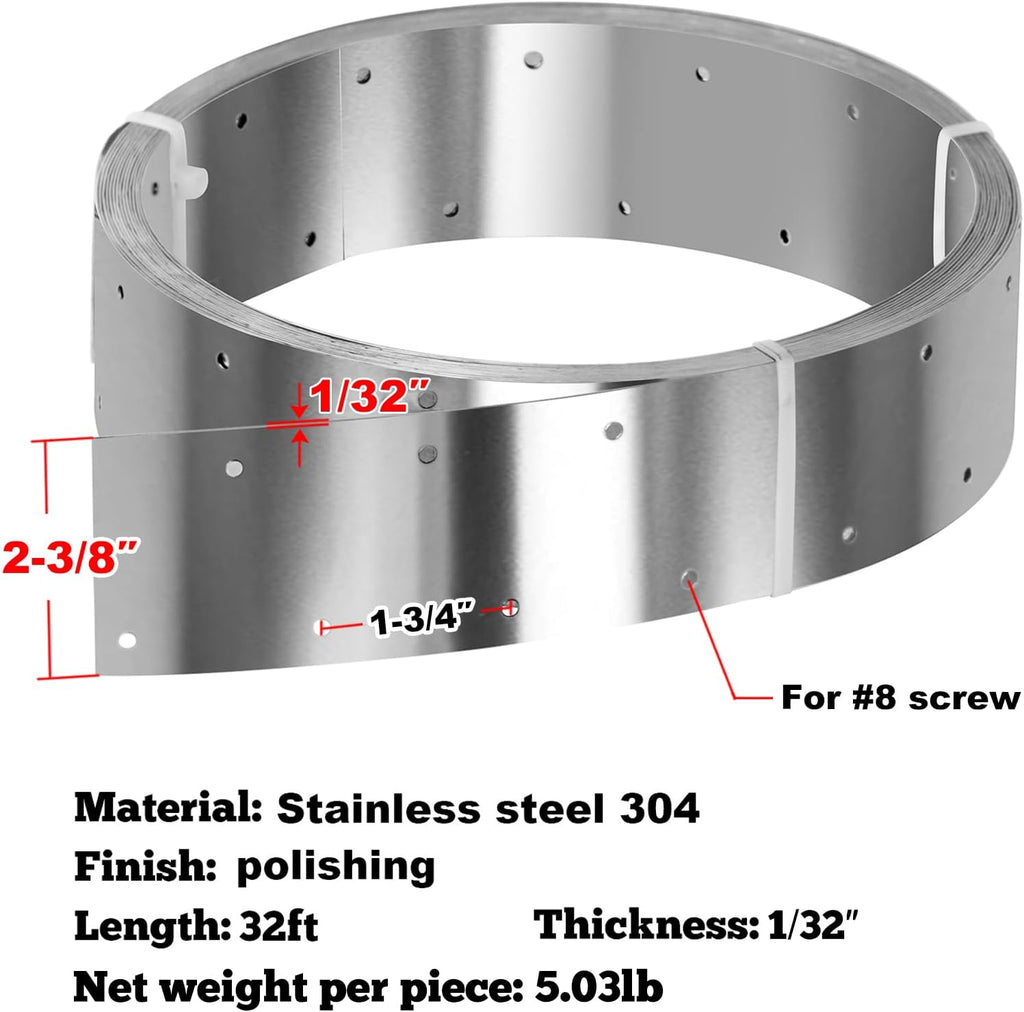 32ft x 2-3/8"Width Stainless Steel Strapping,Perforated Tie Strap
