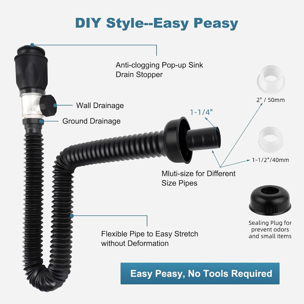 Bathroom Sink Drain Kit, Drain Pipe with Pop-Up Strainer Stopper, Chrome | Hair Catcher/Expandable/Flexible Bathroom