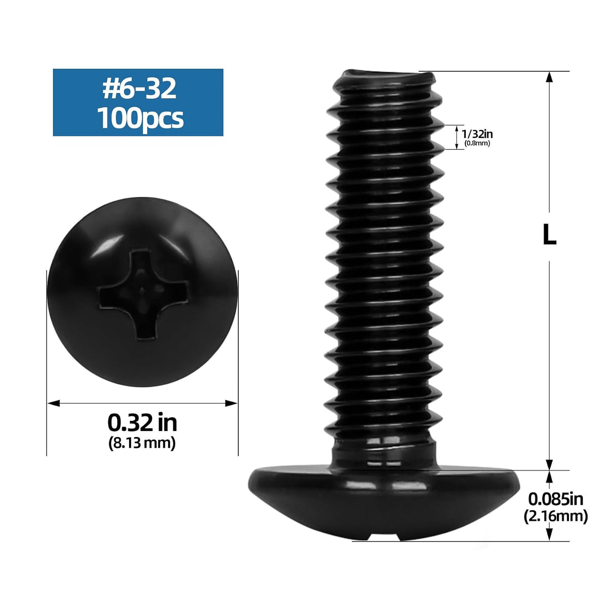 #6-32 x 1/2" Truss Head Machine Screws, Full Thread, 304 Stainless Steel Black Finish, 100 PCS