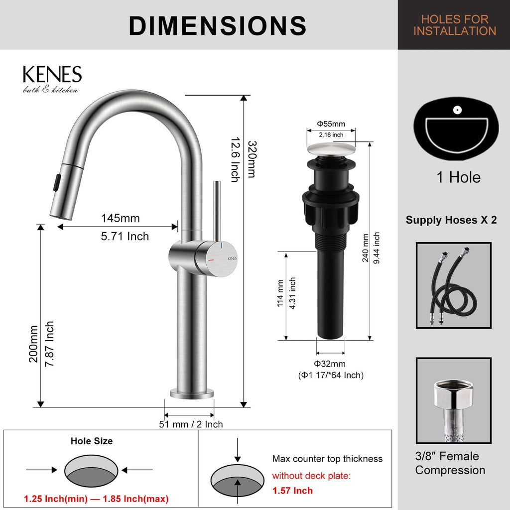 Pull Down Bathroom Faucet 1 Handle, Brushed Nickel Vessel Sink Faucet