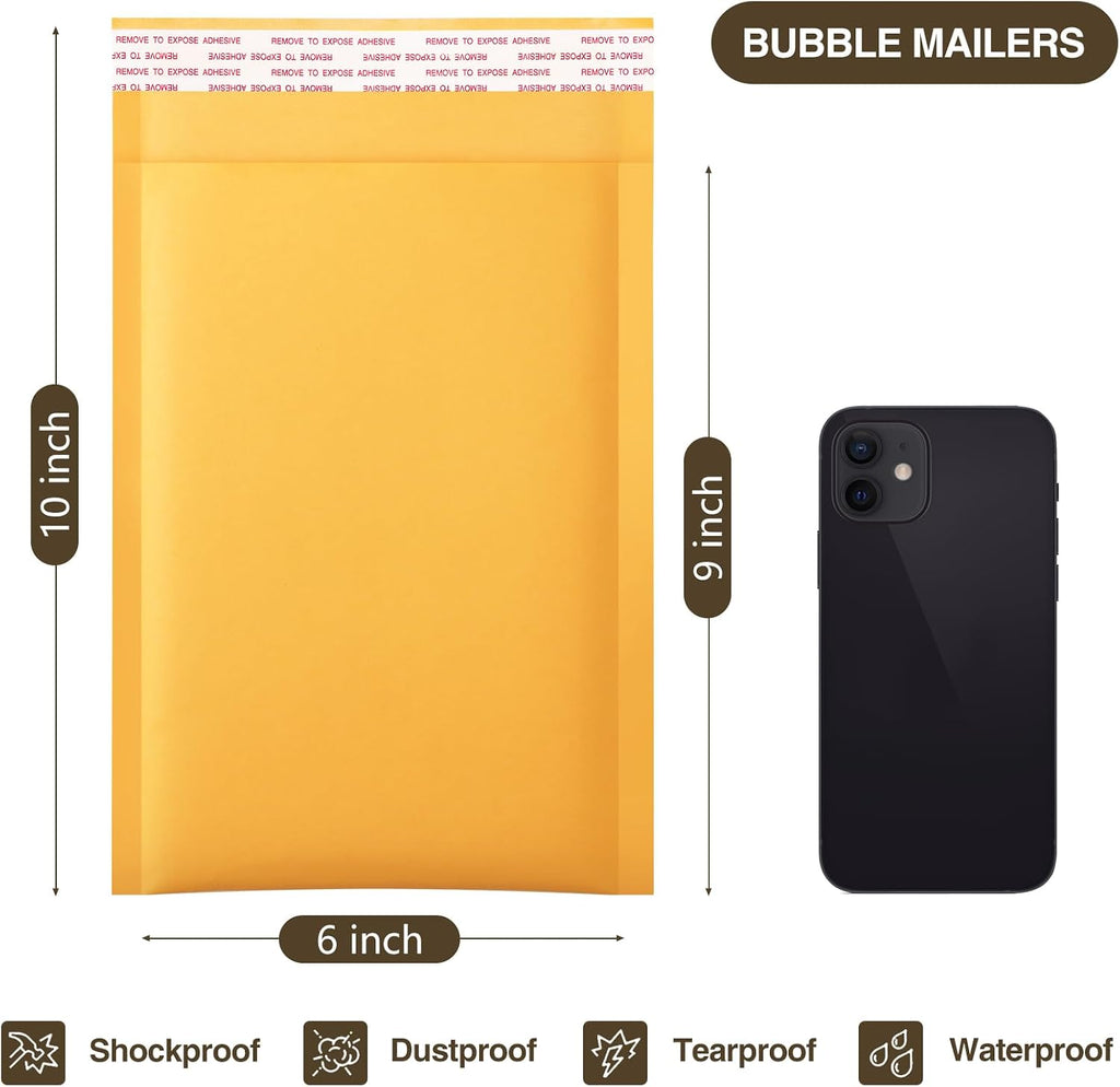 Kraft Bubble Mailers 6x10" 25 Pack Usable Size 6x9" Yellow Padded #0