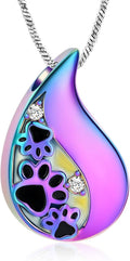 Pet Paw Print Teardrop Urn Necklace for Ashes for Dog/Cat Ashes Keepsake Memorial Pet Cremation Jewelry