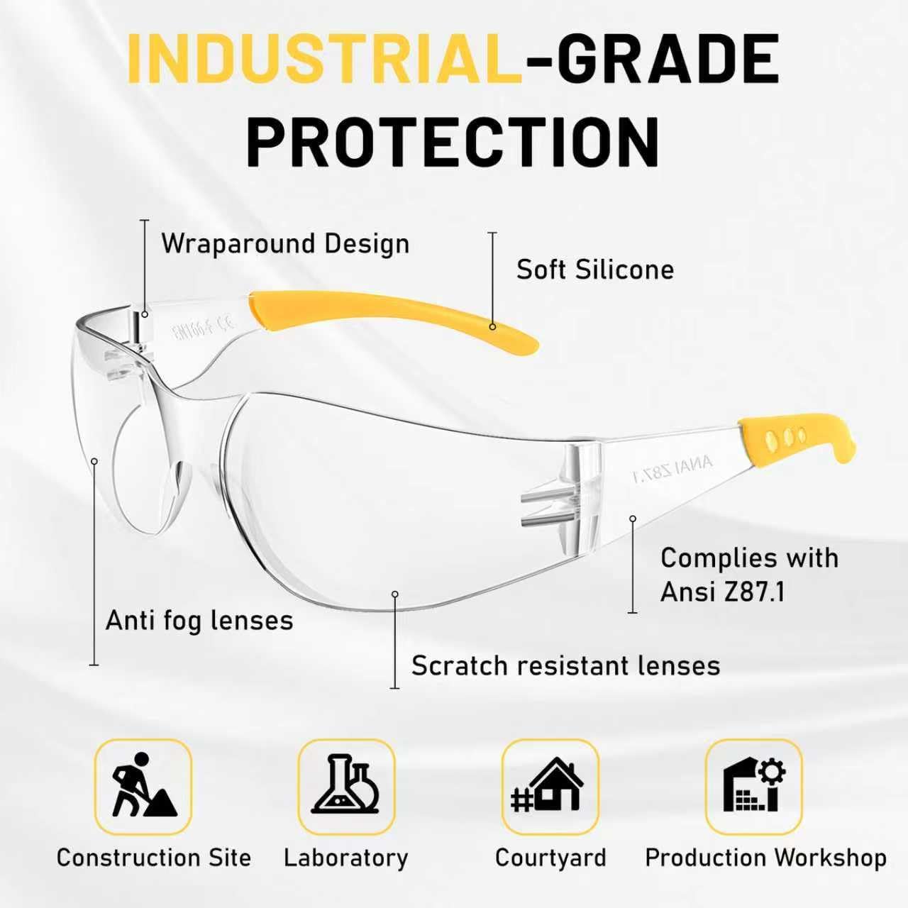 Anti Fog Wraparound Safety Glasses Bulk, ANSI Z87.1 Certified for Construction, Yard Work, Laboratories