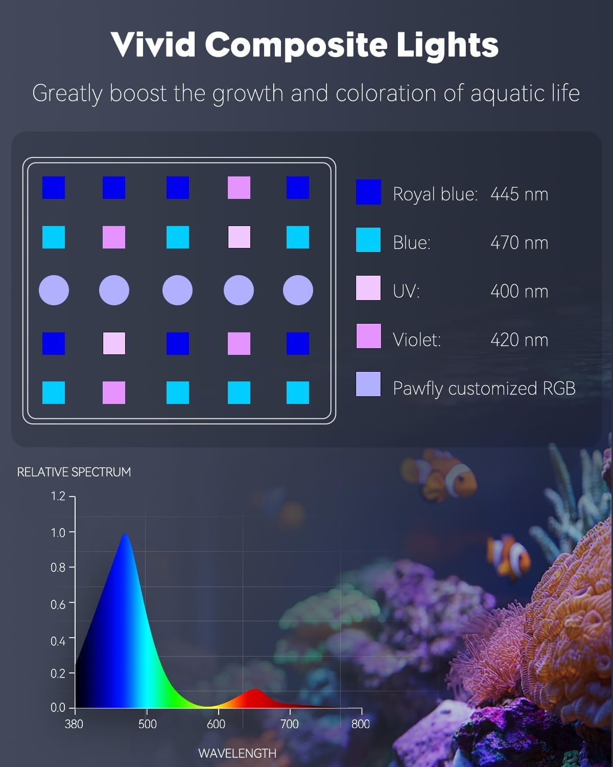 50 W Saltwater Aquarium Light for SPS & LPS Corals, Clip-On Dimmable LED Reef Light with Adjustable Brightness