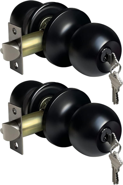 2 Pack Door Knob with Lock and Key, Keyed Different, Matte Black | Entrance Door Lock, Standard Ball