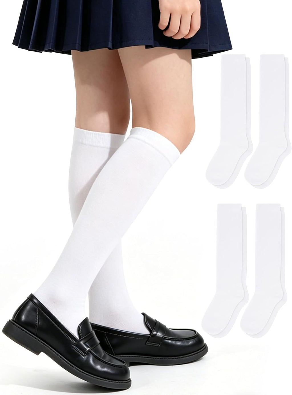 Knee High Socks for Girls Boys Kids, Cotton, Seamless, 4 Pairs | School Uniform Socks, Over The Knee