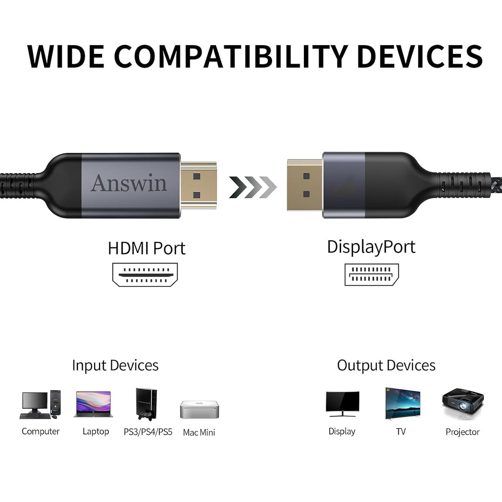 HDMI to DisplayPort Cable 4K HDMI to DisplayPort Uni-Directional 6Ft Cable for PS5, Xbox Series X|S, Mac mini & DP