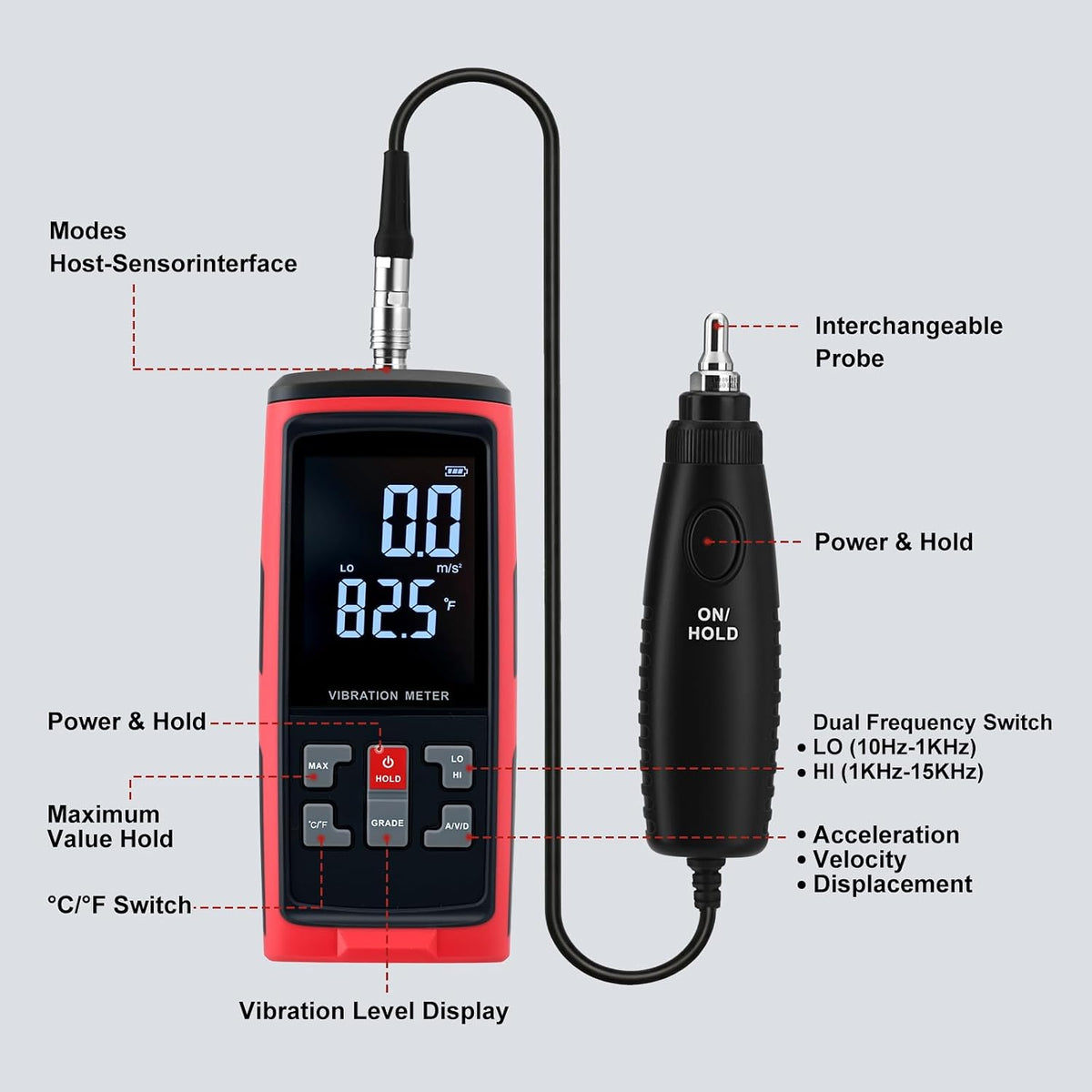 Digital Vibration Meter, 3-in-1, 3 Probes, ISO 10816