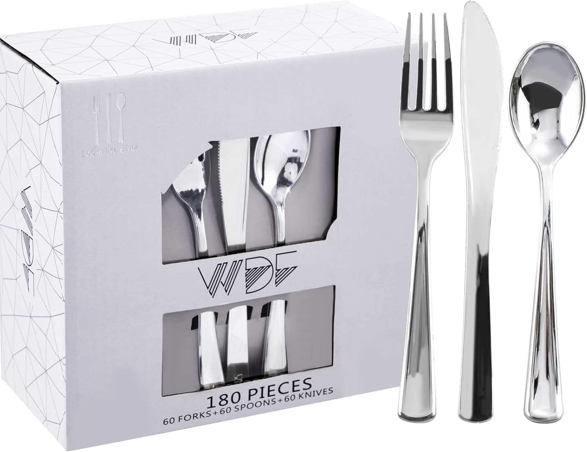 180 Ps Silver Plastic Silverware - Plastic Cutlery - Fancy Plastic Silverware Heavy Duty - 60 Forks 60 Knives 60
