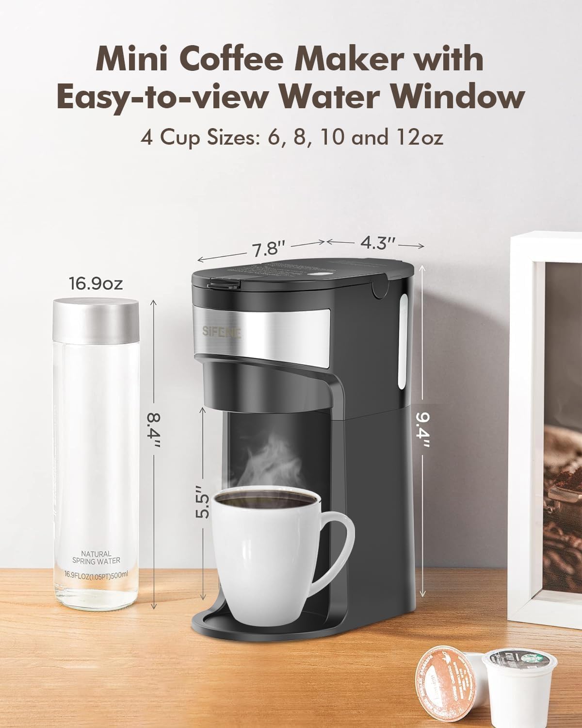 Mini Single Serve Coffee Maker, 2-in-1 Portable Drip Machine for K-Pods & Ground Coffee, Fast Brew, Auto Shut-Off