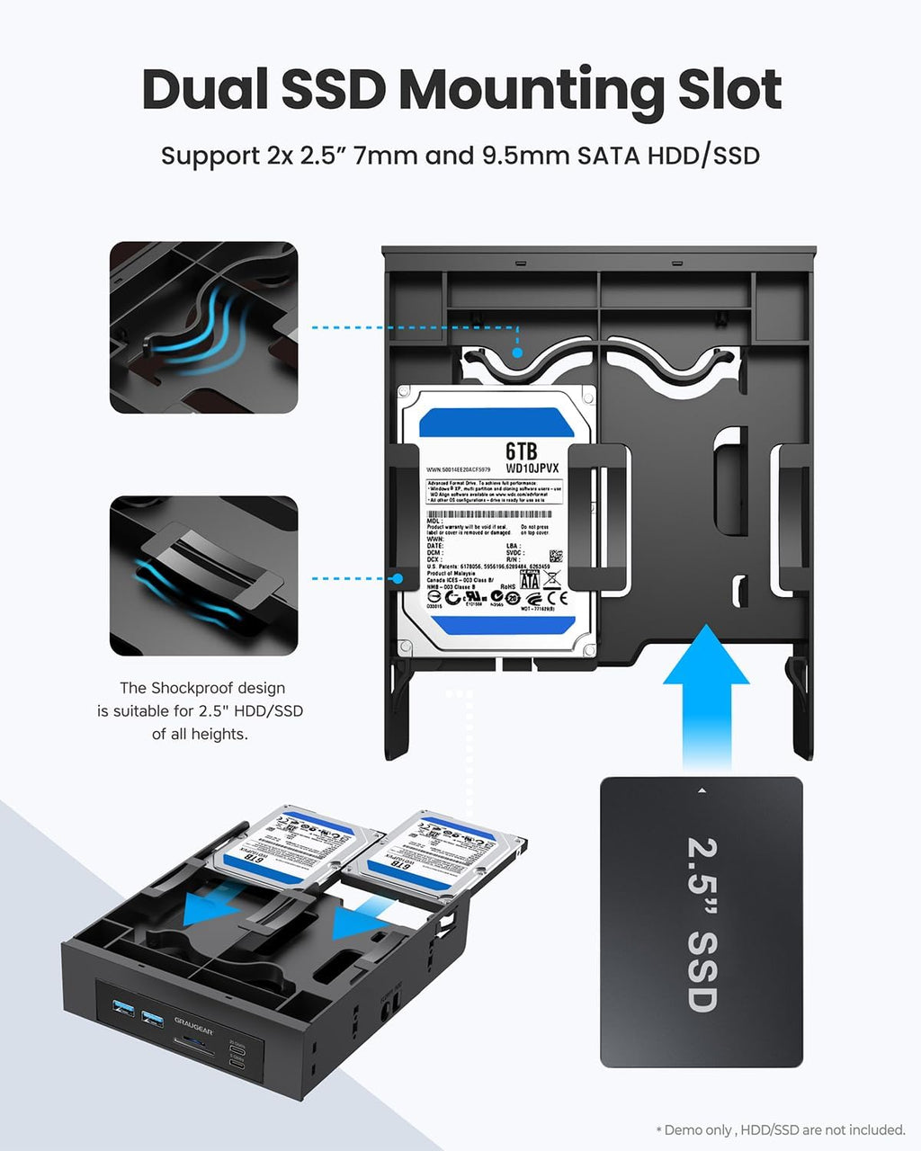 5.25” Front Panel USB Hub, Internal SD/microSD Card Reader for Desktop PC, Gen2x2 20Gbps USB-C Port, Dual 2.5"