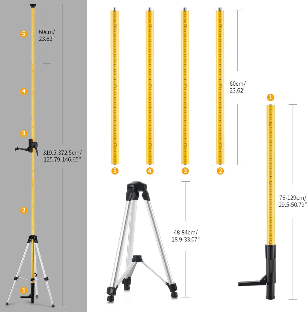 12 Ft./3.7M Professional Laser Level Pole with Tripod and 1/4-Inch by 20-Inch Laser Mount for Rotary and Line Lasers