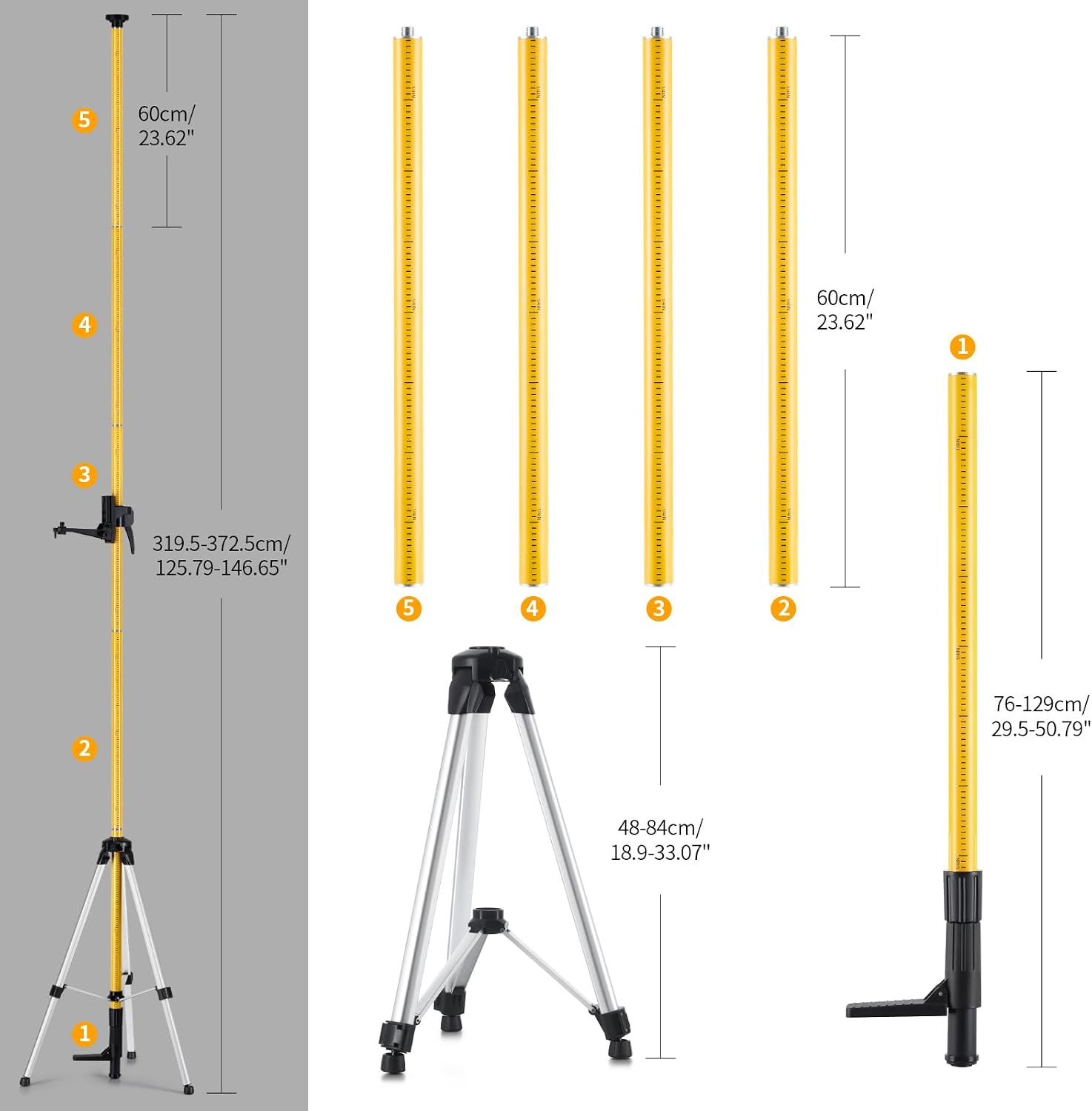 12 Ft./3.7M Professional Laser Level Pole with Tripod and 1/4-Inch by 20-Inch Laser Mount for Rotary and Line Lasers