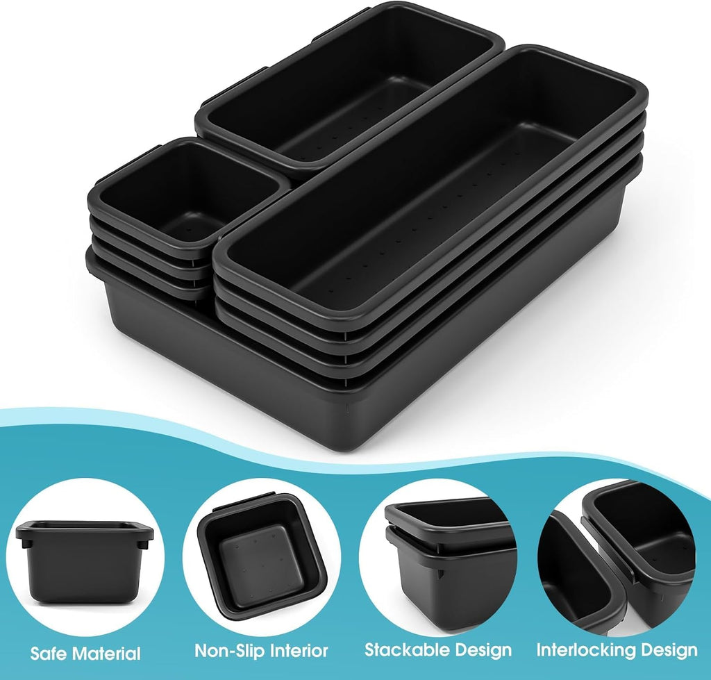 10 PCS Drawer Organizer Set, 4 Size Makeup Drawer Divider Organizer With Non-Slip Pads, Interlocking Plastic Storage