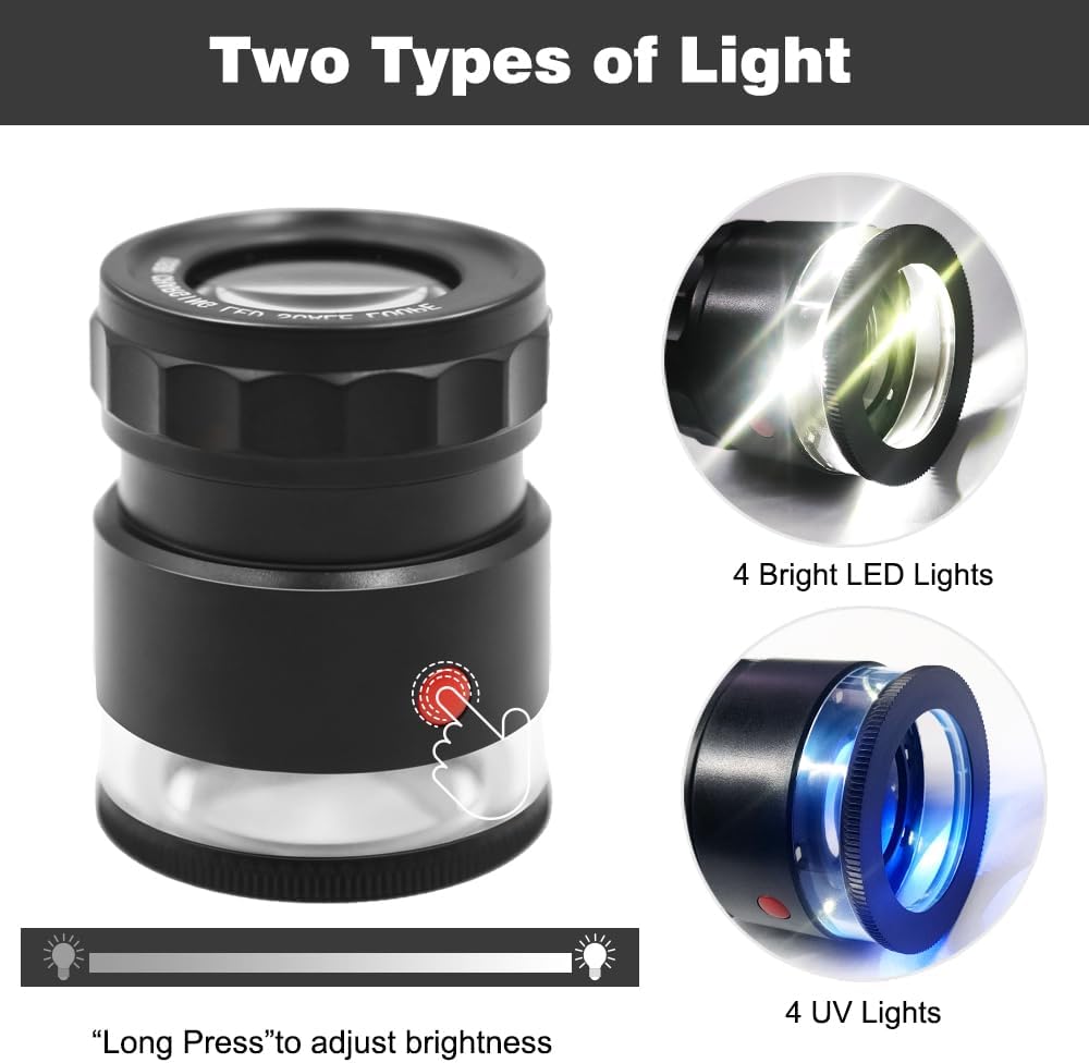 10x Loupe Magnifier Rechargeable Jewelers Loupe with UV and LED Lights, Illuminated Eye Loop Adjustable Focus Jewelry