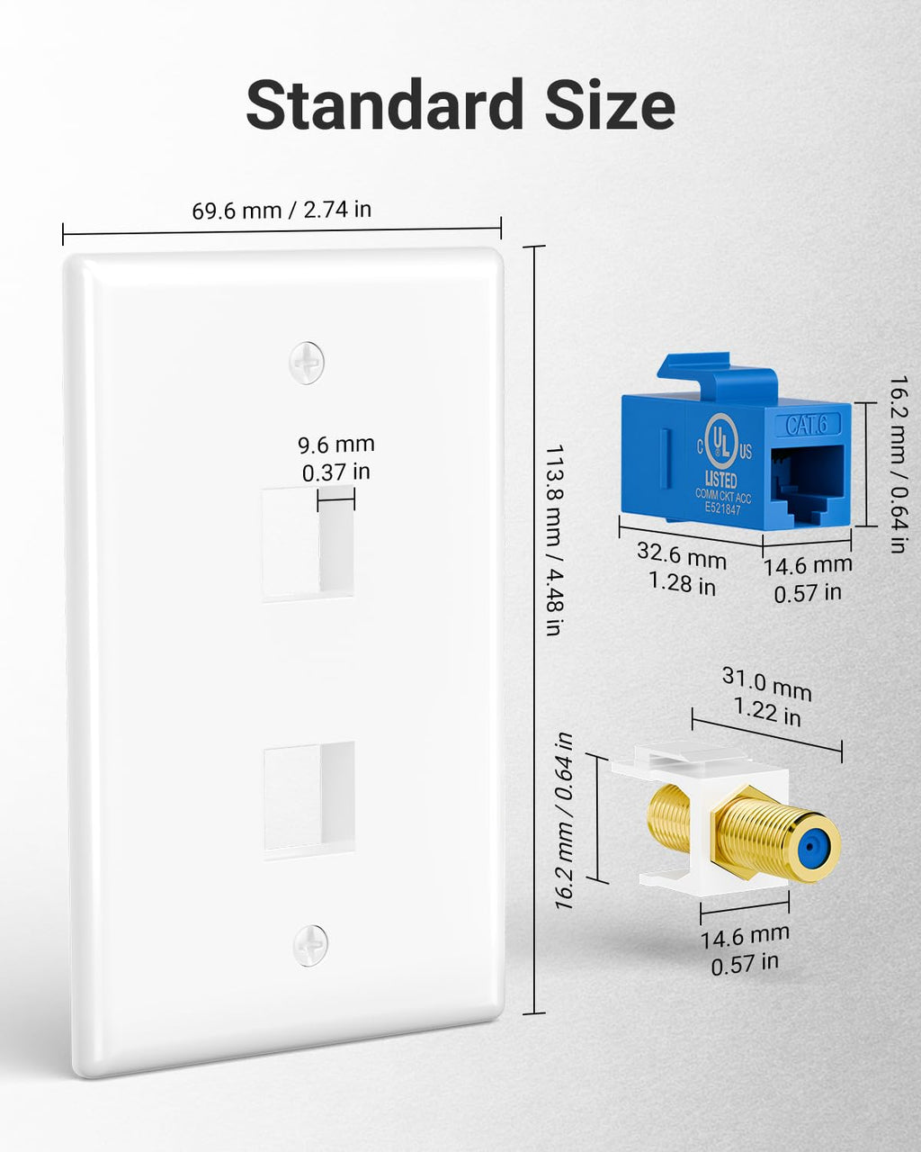 VCE UL Listed Coax and Ethernet Wall Plate CAT6, Blue 2-Pack