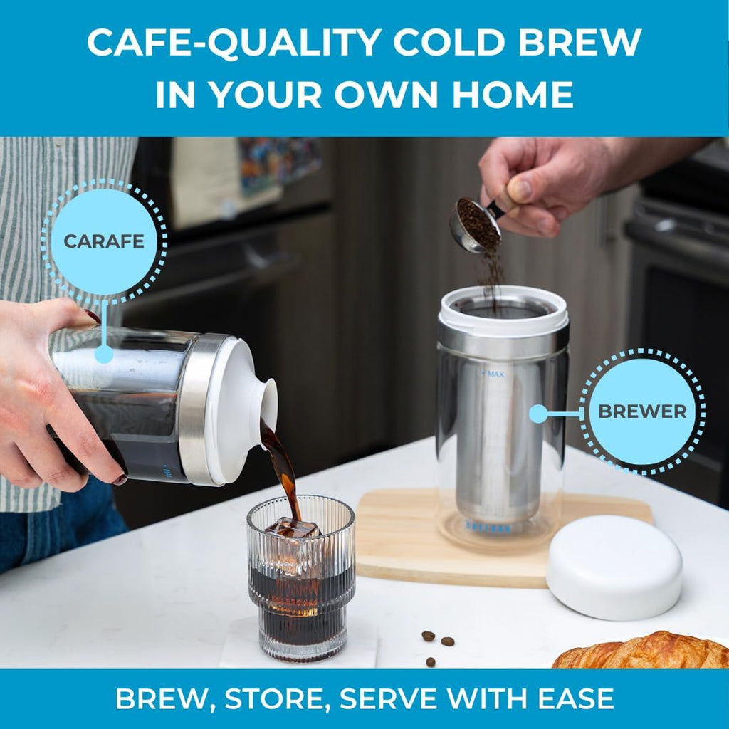 Cold Brew Coffee Maker Set (Brewer & Carafe), Up to 12 Servings of Concentrate, Reusable Stainless Steel Dual Filter